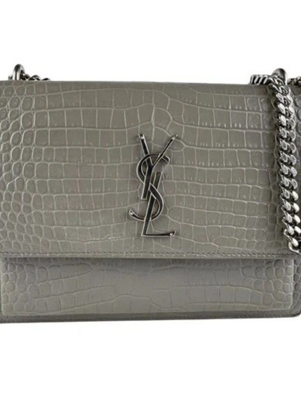 Auth SAINT LAURENT Chian Shoulder Bag Gray/Silver Embossed Leather/Metal z10188